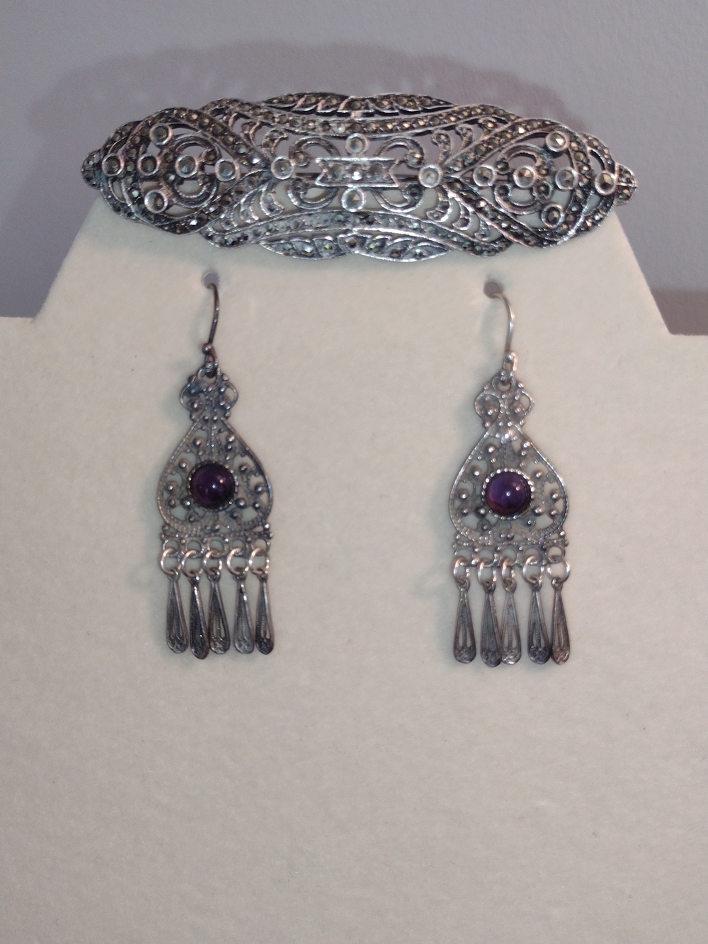 Sterling-Style Silver Filigree Earrings with Purple Stone With Decorative Pin